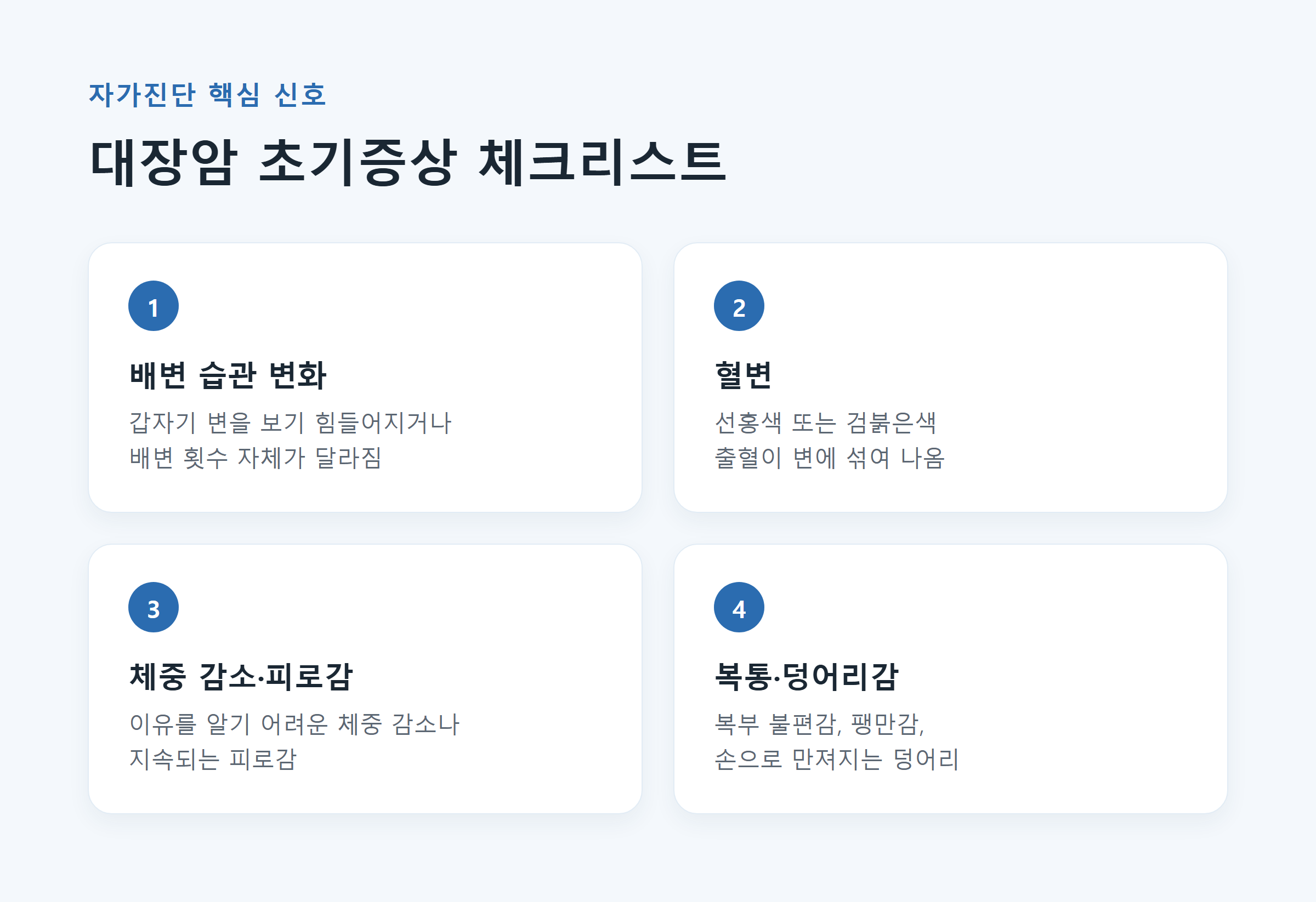 대장암 초기증상 체크리스트 - 혈변·복통·체중감소 등 항목
