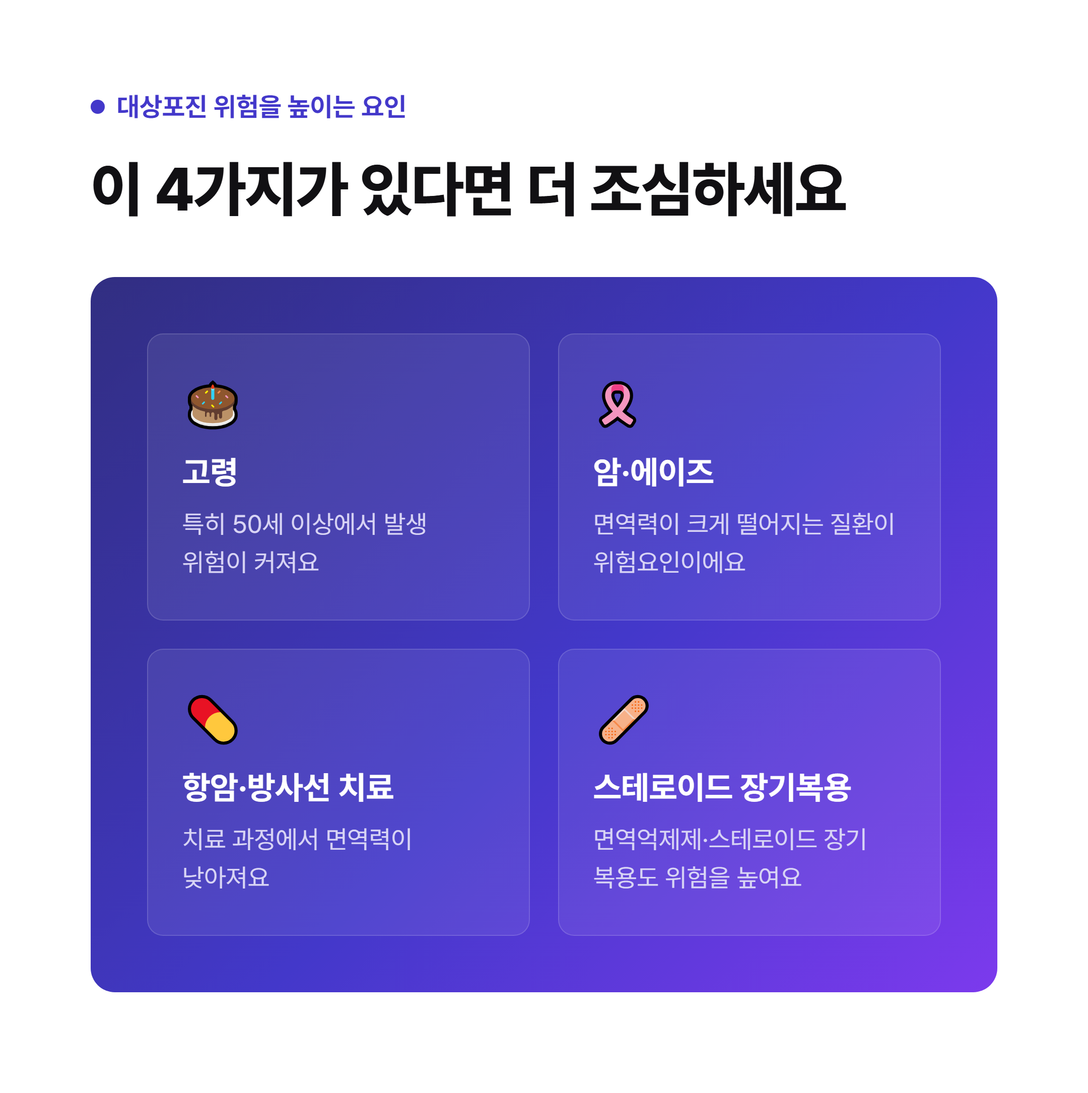 대상포진 위험을 높이는 요인 - 고령, 암·에이즈, 항암·방사선 치료, 스테로이드 장기복용