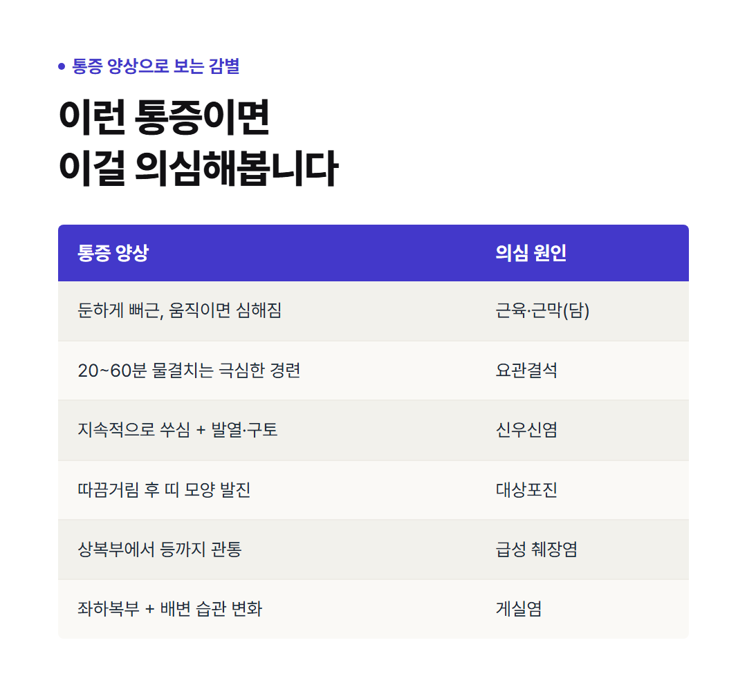 통증 양상별로 의심할 수 있는 원인을 정리한 감별 표