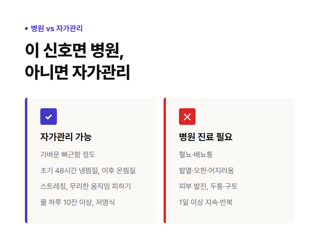 병원 진료가 필요한 위험 신호와 집에서 시도해볼 수 있는 자가관리 방법 비교