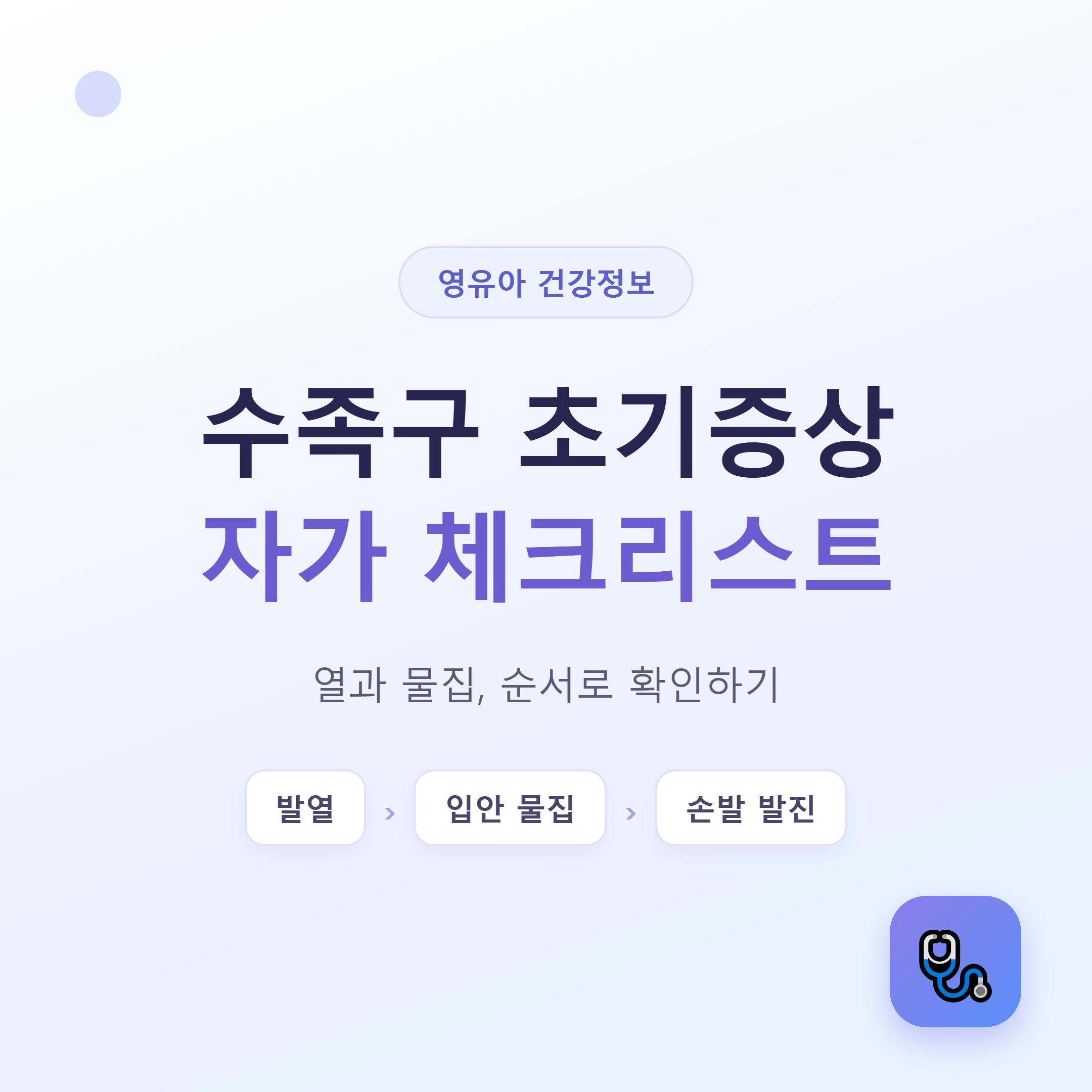 수족구 초기증상 자가 체크리스트 - 발열, 입안 물집, 손발 발진 순서로 진행되는 모습을 보여주는 대표 이미지