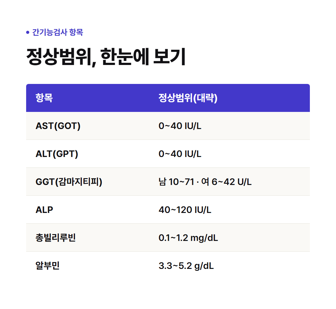 AST·ALT·GGT·ALP·총빌리루빈·알부민 항목별 정상범위 비교